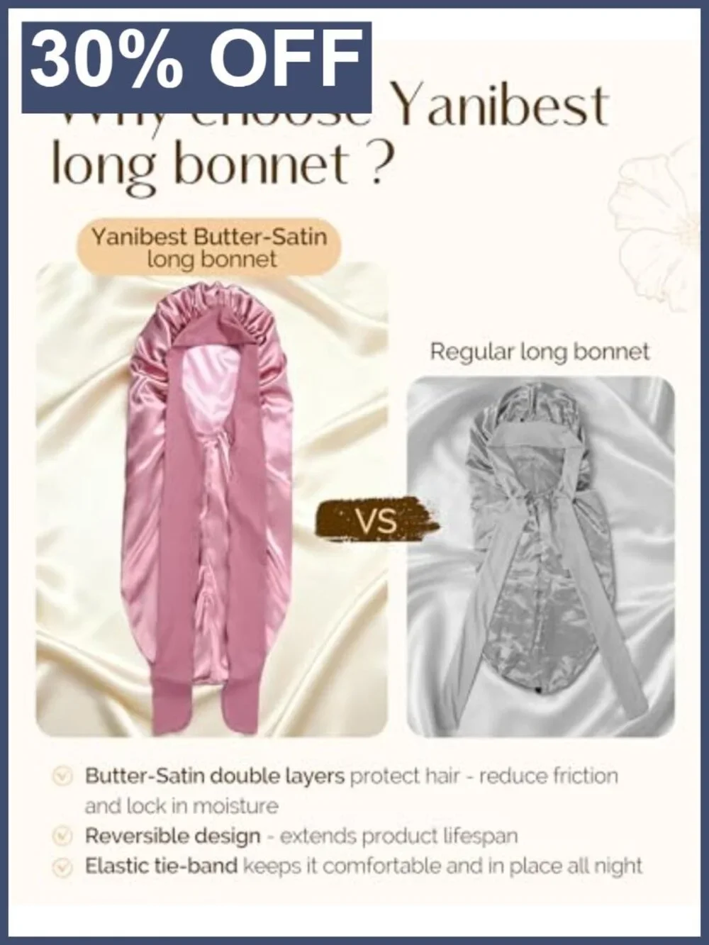 Double Layer Extra Long Adjustable Satin Sleep Bonnet
